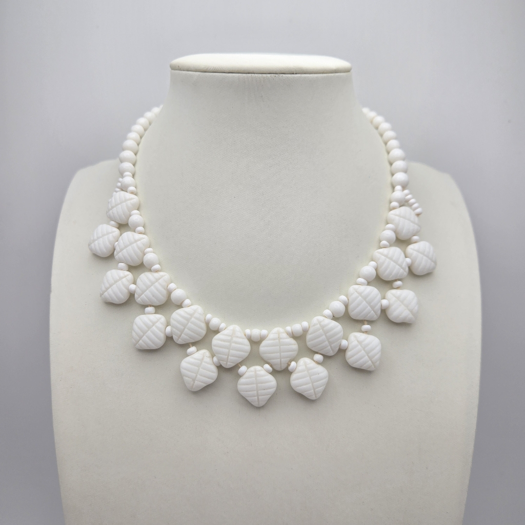 Western Germany Milk Glass Choker Collar Necklace Dangle 50s 60s Beaded Vintage